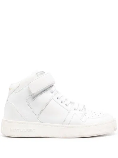 Saint Laurent Lax Distressed Leather Sneakers In White