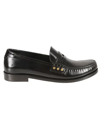 Saint Laurent Leather Fringed Loafers With Metal Studs In Black