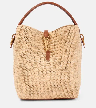 Saint Laurent Le 37 Leather-trimmed Raffia Bucket Bag In Naturel + Brick
