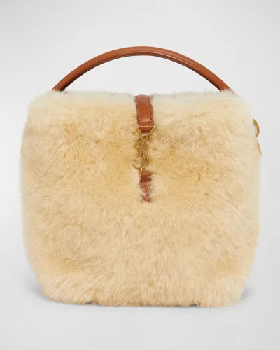Saint Laurent Le 37 Mini Ysl Bucket Bag In Lamb Shearling Fur In Cream Beige/brick