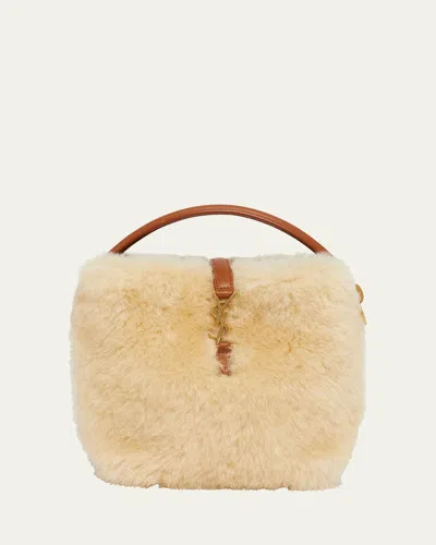 Saint Laurent Le 37 Mini Ysl Bucket Bag In Lamb Shearling Fur In Cream Beige/brick