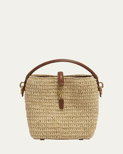 Saint Laurent Le 37 Mini Ysl Bucket Bag In Raffia And Leather