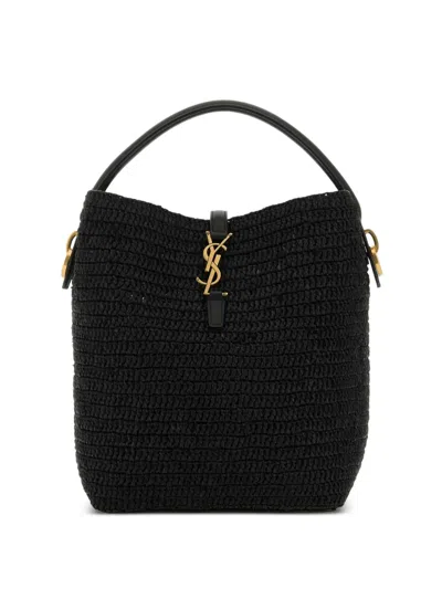 Saint Laurent Le 37 Raffia Leather-trimmed Bucket Bag In Black | ModeSens