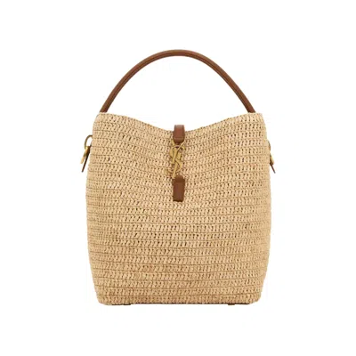 Pre-owned Saint Laurent Le 37 Woven Raffia Bucket Bag 'natural/brick' | Tan | Women's Size Onesize In Brown