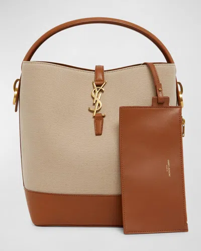 Saint Laurent Le 37 Ysl Bucket Bag In Canvas And Leather In Desert/dust Brick