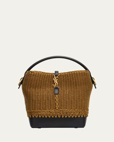 Saint Laurent Le 37 Ysl Bucket Bag In Raffia And Leather In Lt Brownie Nero
