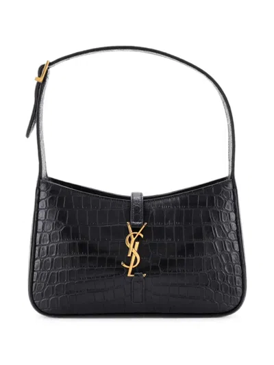 Pre-owned Saint Laurent Le 5 A 7 Crocodile Embossed Leather Small Hobo Bag In Black