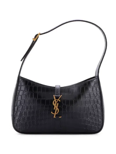 Pre-owned Saint Laurent Le 5 A 7 Crocodile Embossed Leather Small Hobo Bag In Black