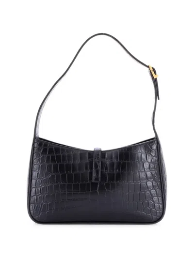 Pre-owned Saint Laurent Le 5 A 7 Crocodile Embossed Leather Small Hobo Bag In Black