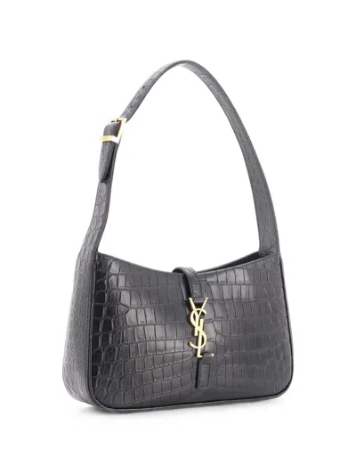 Pre-owned Saint Laurent Le 5 A 7 Crocodile Embossed Leather Small Hobo Bag In Black
