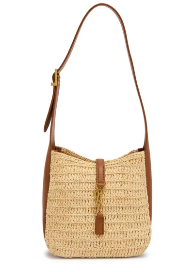 Saint Laurent Le 5 À 7 Leather And Raffia Shoulder Bag In Brown
