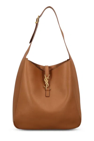 Saint Laurent Le 5 À 7 Logo Plaque Large Shoulder Bag In Brown