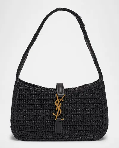 Saint Laurent Le 5 A 7 Mini Ysl Shoulder Bag In Raffia In Noir