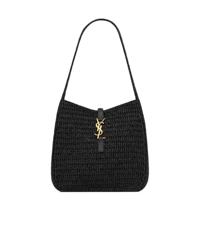 Saint Laurent Le 5 À 7 Small Souple En Raphia Et Cuir In Black