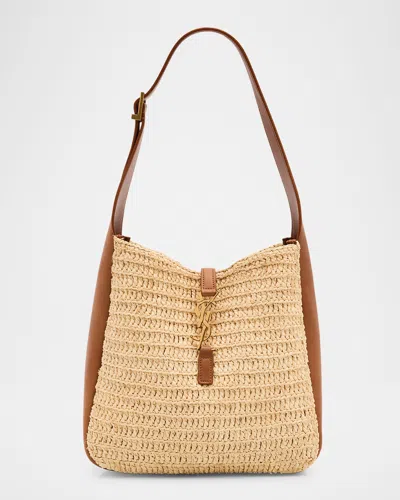 Saint Laurent Le 5 A 7 Small Ysl Hobo Bag In Raffia And Leather In Pale Brown Brick