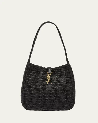 Saint Laurent Le 5 A 7 Small Ysl Hobo Bag In Raffia In Nero Nero