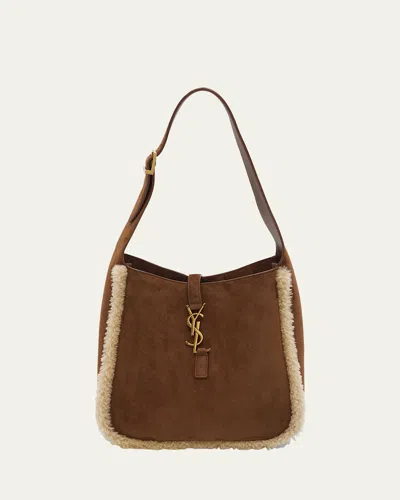 Saint Laurent Le 5 A 7 Small Ysl Hobo Bag In Suede And Shearling In Dark Sigaro/natural Beige