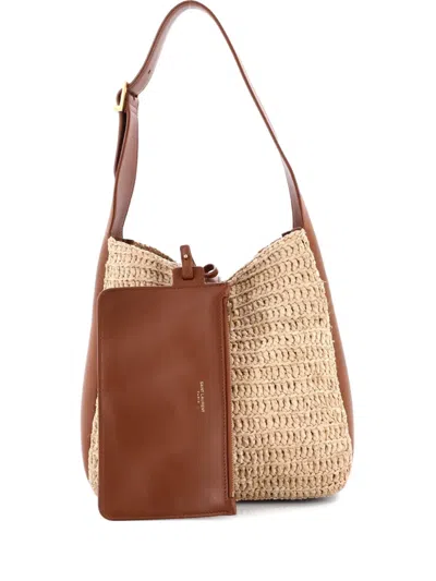 Pre-owned Saint Laurent Le 5 A 7 Supple Hobo Raffia And Leather Small Tote Bag In Brown