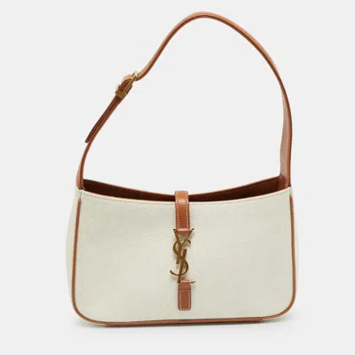 Pre-owned Saint Laurent Le 5 À 7 Tan/natural Canvas And Leather Shoulder Bag In Brown