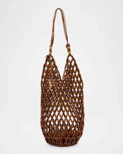 Saint Laurent Le 5 A 7 Ysl Hobo Bag In Beaded Wood In Light Wood Brick