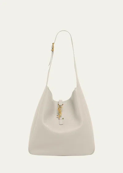 Saint Laurent Le 5a7 Large Ysl Shoulder Hobo Bag In Smooth Leather In Neutral