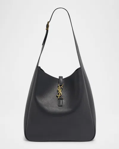 Saint Laurent Le 5a7 Large Ysl Shoulder Hobo Bag In Smooth Leather In Notte