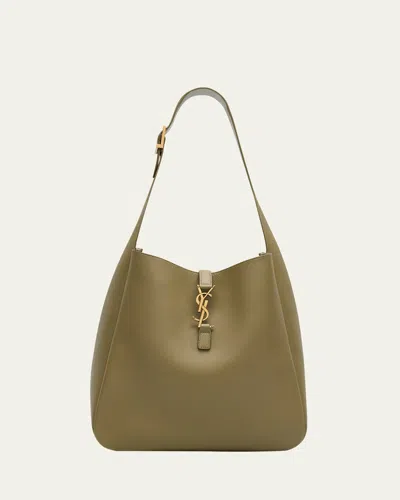 Saint Laurent Le 5a7 Large Ysl Shoulder Hobo Bag In Smooth Leather In Strong Moss