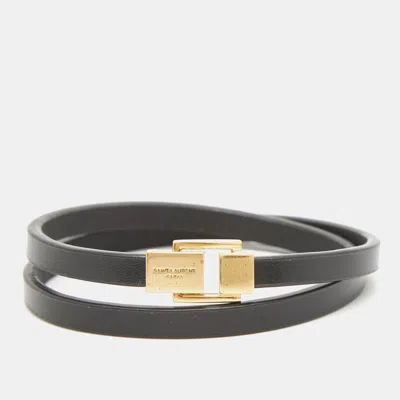 Pre-owned Saint Laurent Le Carre Leather Gold Tone Double-wrap Bracelet