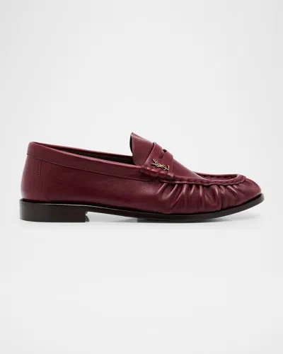 Saint Laurent Le Leather Ysl Penny Loafers In Burgundy