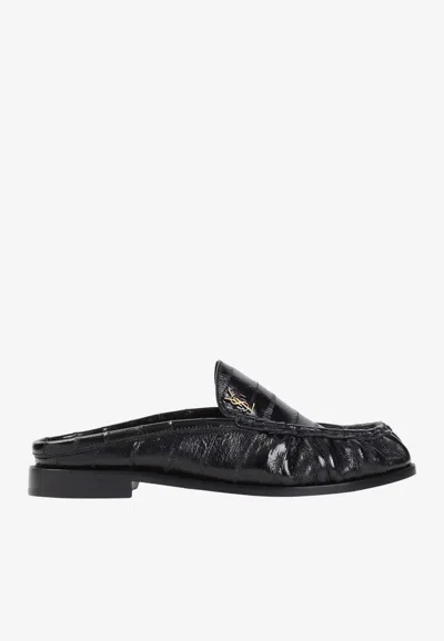 Saint Laurent Le Loafer 15 Crinkled Leather Flat Mules In Black