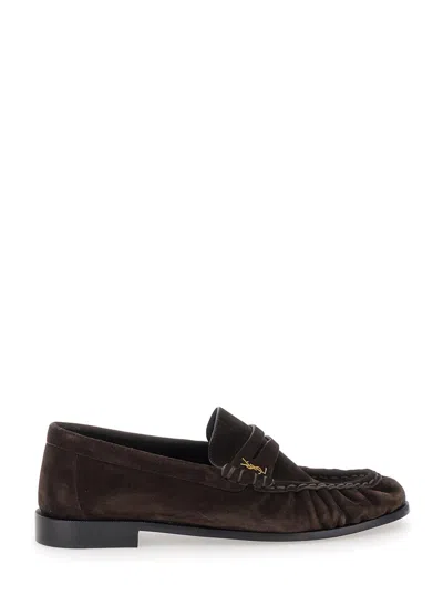 Saint Laurent Suede Round Toe Slip On Loafers In Burgundy