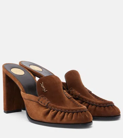 Saint Laurent Le Loafer Cassandre Suede Mules In Brown