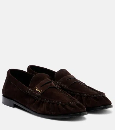 Saint Laurent Le Loafer Cassandre Suede Penny Loafers In Brown