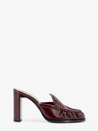 Saint Laurent Le Loafer Leather Sandals With Metal Cassandre Logo In Burgundy