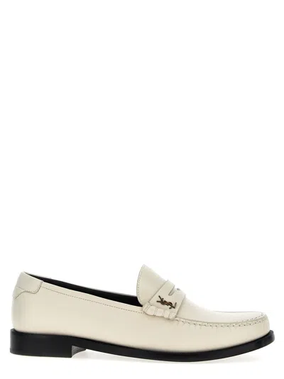 Saint Laurent Leather Loafer With Iconic Monogram In White