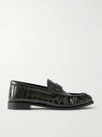 Saint Laurent Le Loafer Monogram Croc-effect Leather Loafers In Green