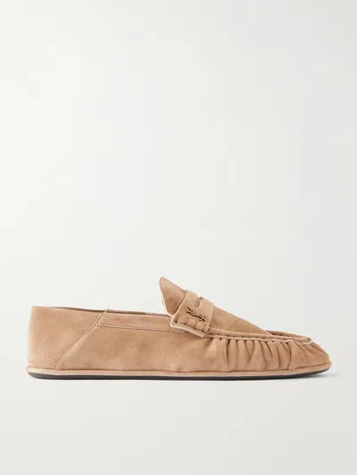 Saint Laurent Le Loafer Monogram Logo-appliquéd Suede Penny Loafers In Neutral