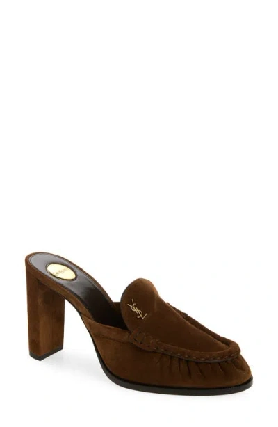 Saint Laurent Le Loafer Suede Heeled Mules In Brown