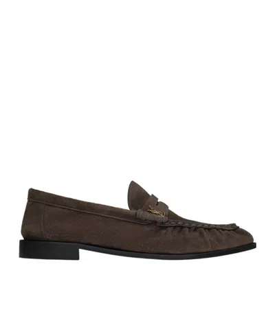 Saint Laurent Le Loafer Penny Slippers In Suede In Brown