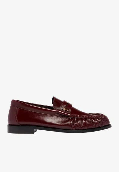 Saint Laurent Le Loafer Ruched Leather Penny Loafers In Bordeaux