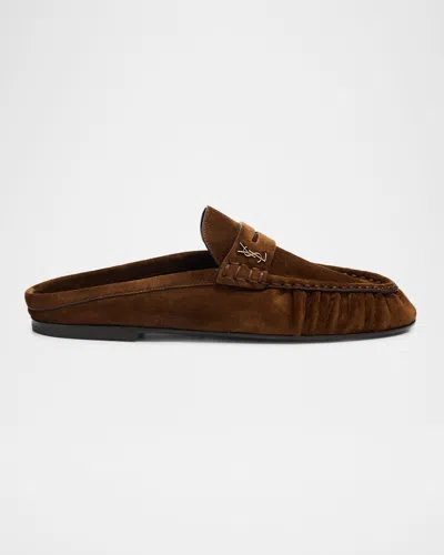 Saint Laurent Le Loafer Suede Penny Loafer Mules In Brown