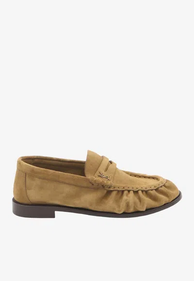 Saint Laurent Le Loafer Suede Penny Loafers In Brown