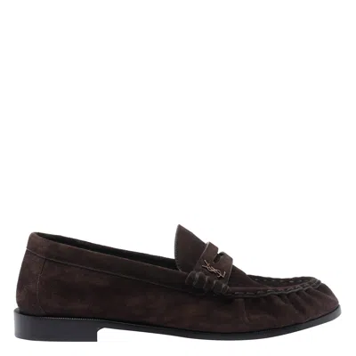 Saint Laurent Suede Loafers With Cassandre Detailing In Brown