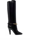 Saint Laurent Leather Boots With Gold Tone Chain Detail