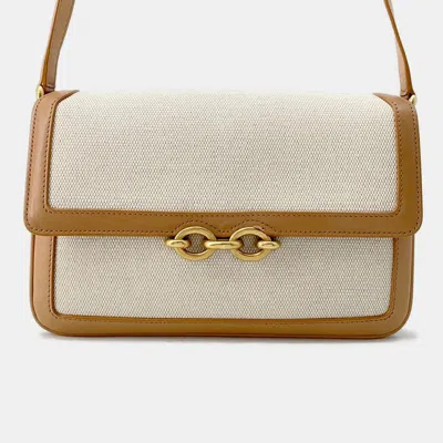 Pre-owned Saint Laurent Le Maillon Beige Ivory Leather Canvas Shoulder Bag In Sand