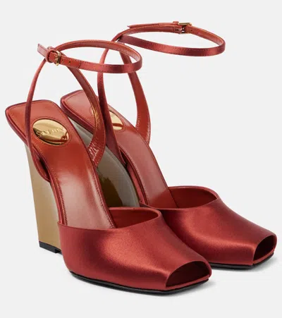 Saint Laurent Le Scandale 110 Satin Wedge Sandals In Dark Rust / Oil Green
