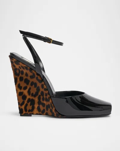 Saint Laurent La Scandale Wedge Open Toe Sandals In Animal Print