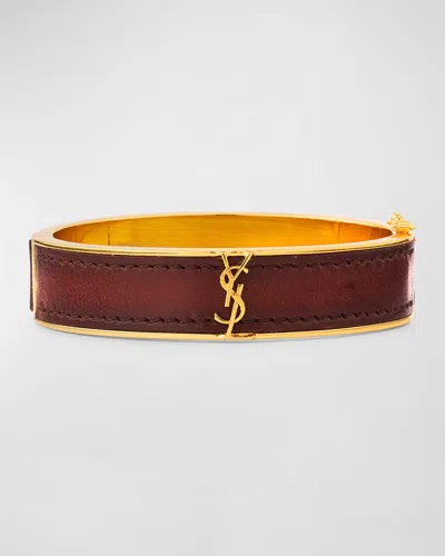 Saint Laurent Leather And Brass Ysl Monogram Bracelet In Brown