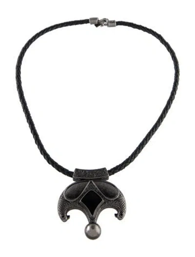 Pre-owned Saint Laurent Leather & Enamel Pendant Necklace, 17" In Black