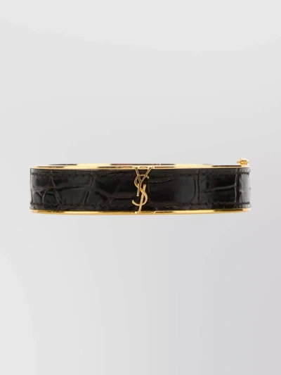 Saint Laurent Leather And Metal Cassandre Bracelet In Black
